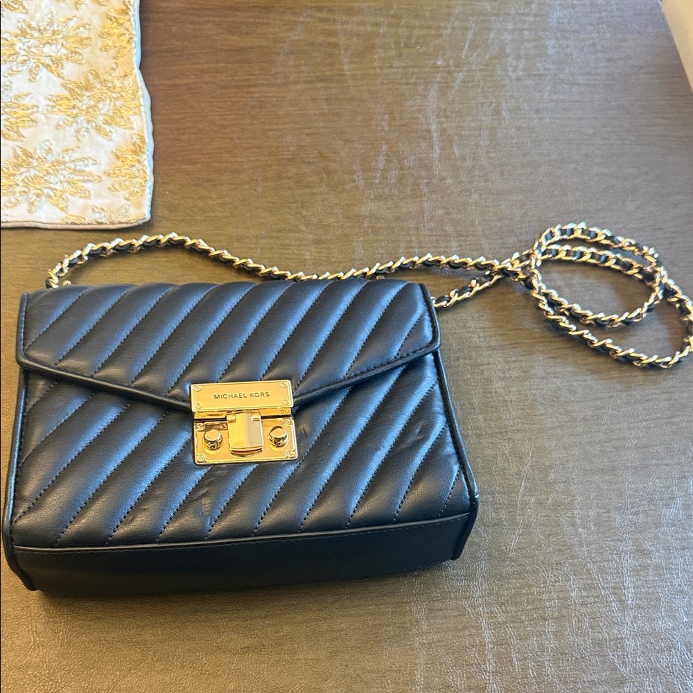 Michael Kors Black Quilted Leather Crossbody with Gold Chain Strap